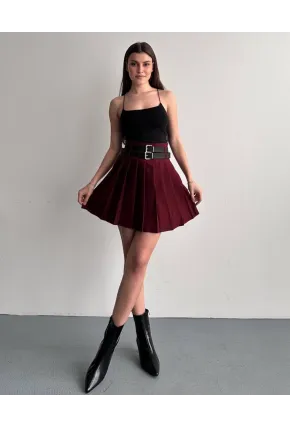 Kadın Çift Kemerli Şortlu Pileli Etek Bordo