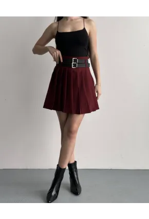 Kadın Çift Kemerli Şortlu Pileli Etek Bordo