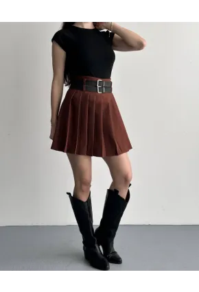 Kadın Çift Kemerli Şortlu Pileli Etek Kahve
