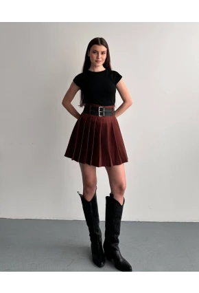 Kadın Çift Kemerli Şortlu Pileli Etek Kahve