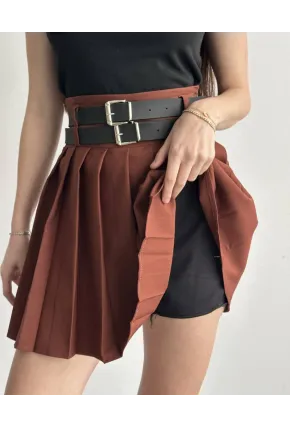 Kadın Çift Kemerli Şortlu Pileli Etek Kahve
