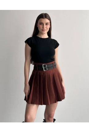 Kadın Çift Kemerli Şortlu Pileli Etek Kahve