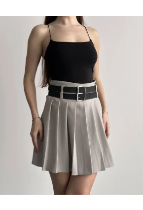 Kadın Çift Kemerli Şortlu Pileli Etek Krem