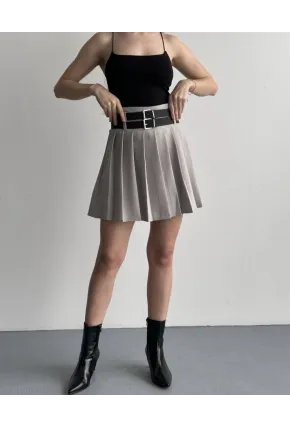 Kadın Çift Kemerli Şortlu Pileli Etek Krem