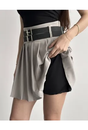 Kadın Çift Kemerli Şortlu Pileli Etek Krem