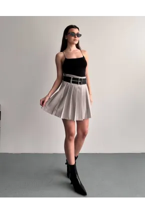 Kadın Çift Kemerli Şortlu Pileli Etek Krem