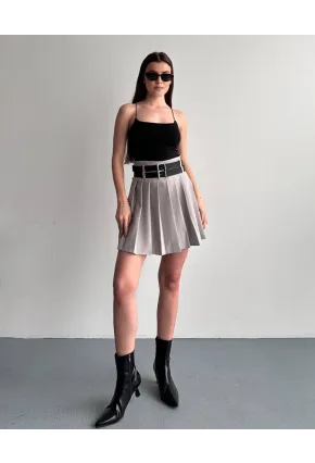 Kadın Çift Kemerli Şortlu Pileli Etek Krem