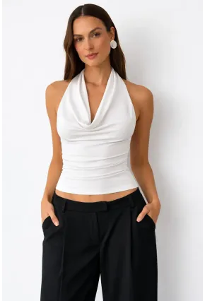 Kadın Çift Kullanımlı Sandy Kumaş Crop Bluz Beyaz