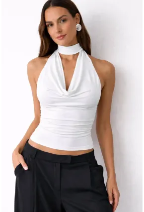 Kadın Çift Kullanımlı Sandy Kumaş Crop Bluz Beyaz