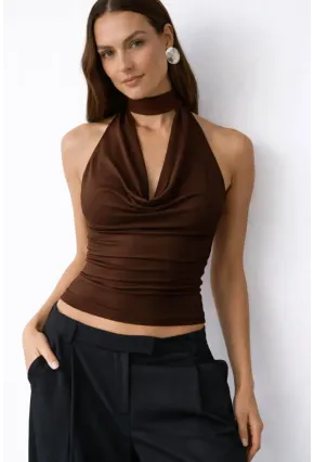 Kadın Çift Kullanımlı Sandy Kumaş Crop Bluz Kahve