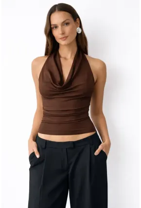 Kadın Çift Kullanımlı Sandy Kumaş Crop Bluz Kahve