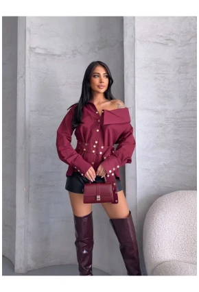 Kadın Çıtçıtlı Kemerli Bordo Gömlek