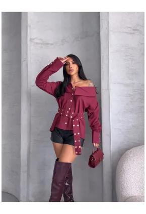 Kadın Çıtçıtlı Kemerli Bordo Gömlek