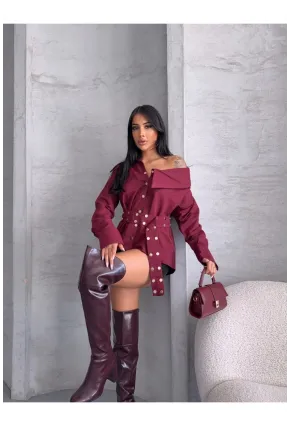 Kadın Çıtçıtlı Kemerli Bordo Gömlek