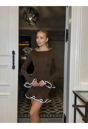 Kadın Dalgıç Kumaş Biyeli Mini Elbise Kahve