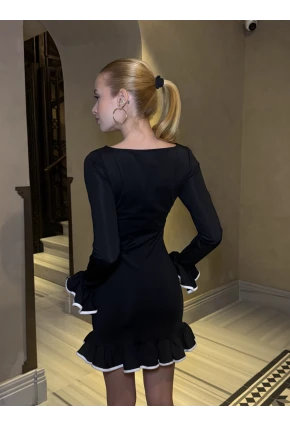 Kadın Dalgıç Kumaş Biyeli Mini Elbise Siyah