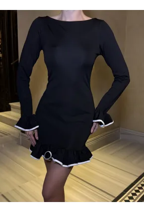 Kadın Dalgıç Kumaş Biyeli Mini Elbise Siyah