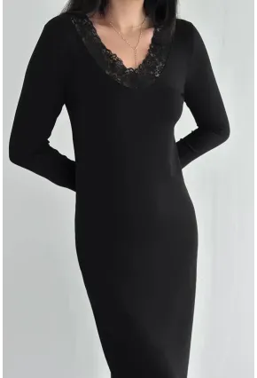 Kadın Dantel Detaylı V Yaka Elbise – Uzun Kollu Şık Günlük Elbise