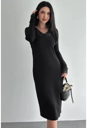 Kadın Dantel Detaylı V Yaka Elbise – Uzun Kollu Şık Günlük Elbise