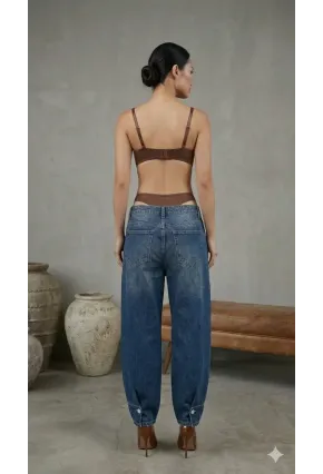 Kadın Dantelli Kahve Deri Transparan Çıtçıtlı Bodysuit