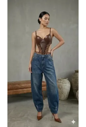 Kadın Dantelli Kahve Deri Transparan Çıtçıtlı Bodysuit