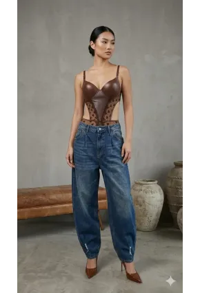 Kadın Dantelli Kahve Deri Transparan Çıtçıtlı Bodysuit