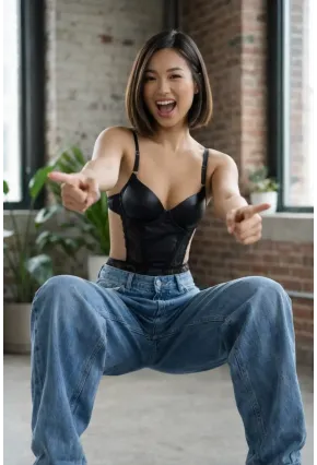 Kadın Dantelli Siyah Deri Transparan Çıtçıtlı Bodysuit