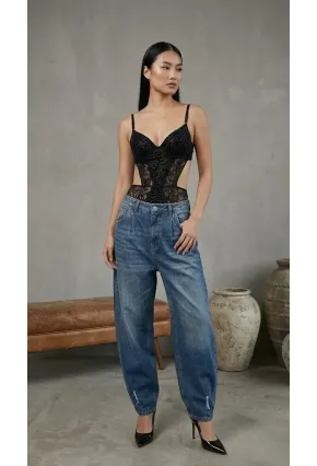 Kadın Dantelli Siyah Deri Transparan Çıtçıtlı Bodysuit