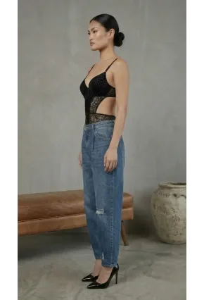 Kadın Dantelli Siyah Deri Transparan Çıtçıtlı Bodysuit