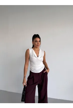 Kadın Degaje Yaka Kolsuz Bluz Beyaz