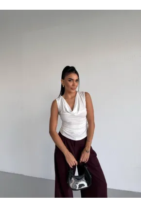 Kadın Degaje Yaka Kolsuz Bluz Beyaz