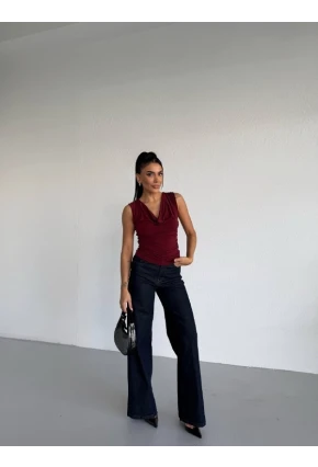 Kadın Degaje Yaka Kolsuz Bluz Bordo