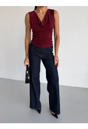 Kadın Degaje Yaka Kolsuz Bluz Bordo