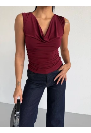 Kadın Degaje Yaka Kolsuz Bluz Bordo