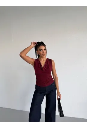 Kadın Degaje Yaka Kolsuz Bluz Bordo