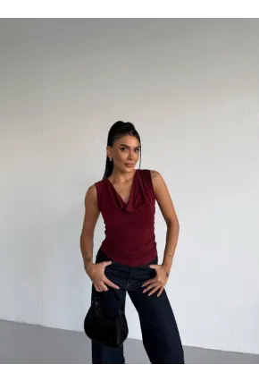 Kadın Degaje Yaka Kolsuz Bluz Bordo