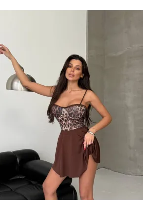 Kadın Dijital Baskılı Crop Etek Takım Kahve