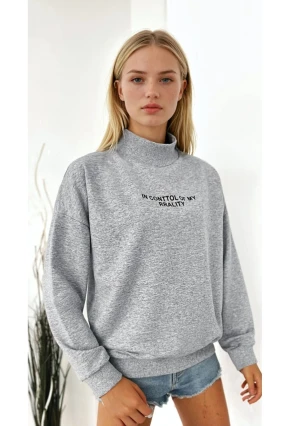 Kadın Dik Yaka Oversize Sweatshirt Yazı Baskılı