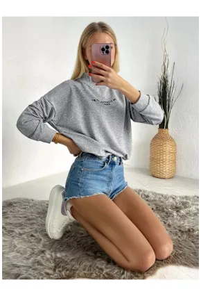 Kadın Dik Yaka Oversize Sweatshirt Yazı Baskılı