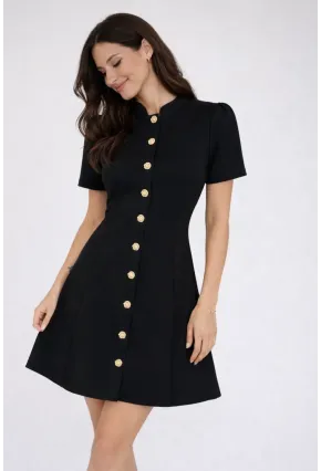 Kadın Düğme Detay Siyah Elbise