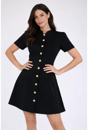 Kadın Düğme Detay Siyah Elbise
