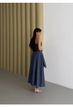 Kadın Ekose Dantelli Sırt Gipeli Elbise Mavi