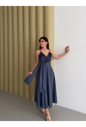 Kadın Ekose Dantelli Sırt Gipeli Elbise Mavi