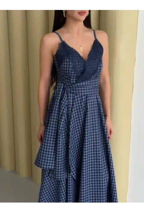 Kadın Ekose Dantelli Sırt Gipeli Elbise Mavi