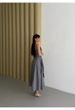 Kadın Ekose Dantelli Sırt Gipeli Elbise Siyah