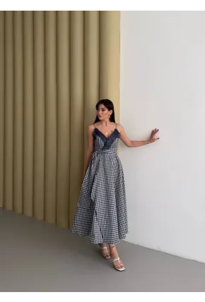 Kadın Ekose Dantelli Sırt Gipeli Elbise Siyah