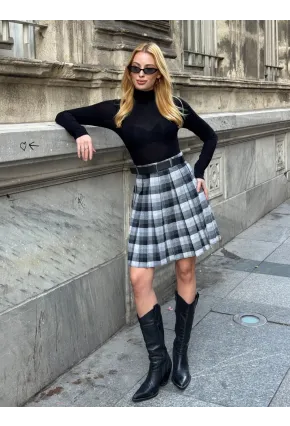 Kadın Ekose Desen Kemerli Yüksel Bel Şort Astarlı Mini Etek