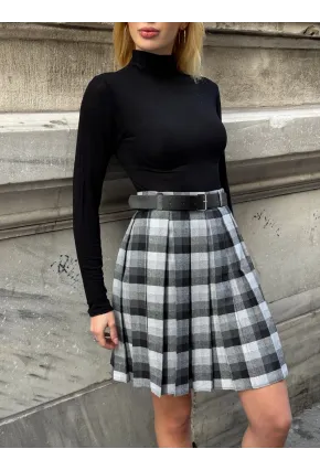 Kadın Ekose Desen Kemerli Yüksel Bel Şort Astarlı Mini Etek