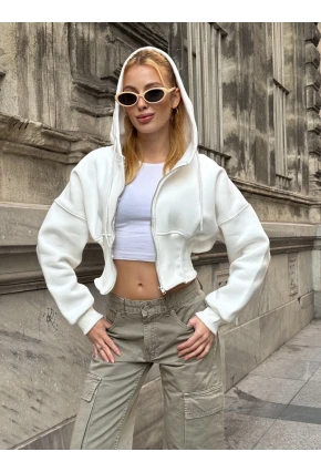 Kadın Ekru Fermuarlı Hoodie Sweatshirt