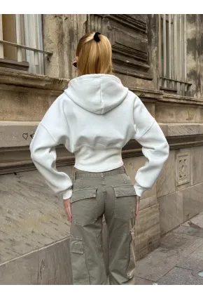 Kadın Ekru Fermuarlı Hoodie Sweatshirt